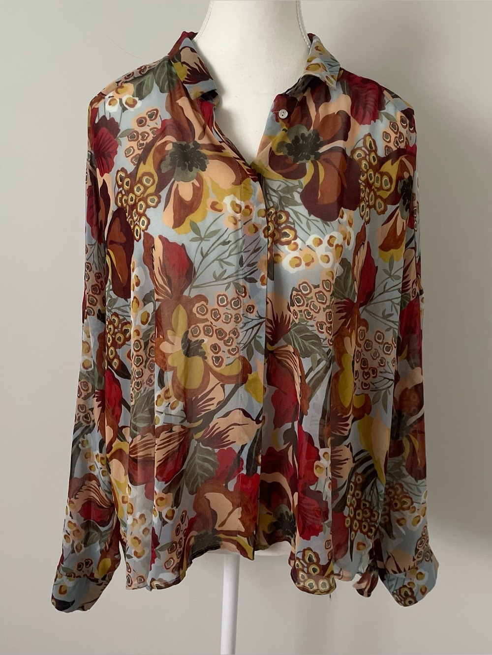 Zara Multicolor Autumn Floral Sheer Button-Down Blouse Size Extra Large